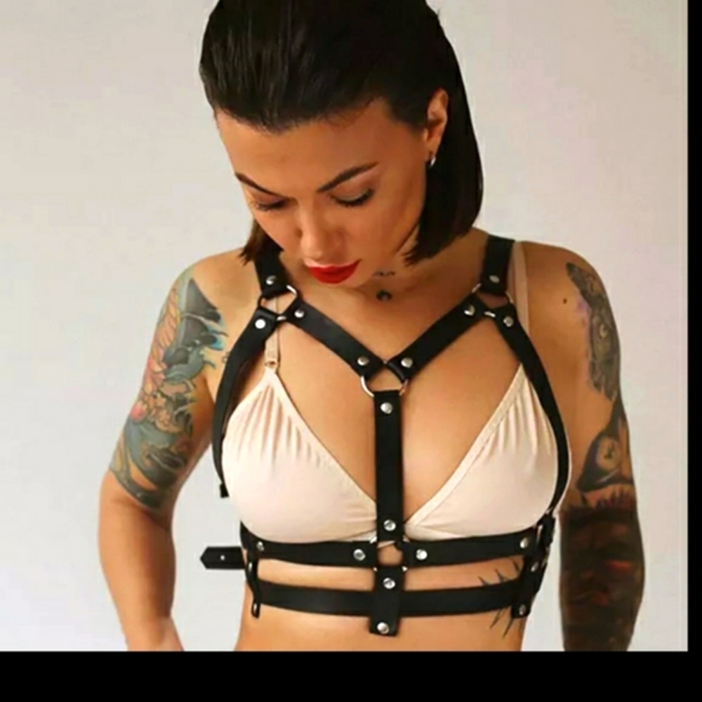 Black leather strappy harness
